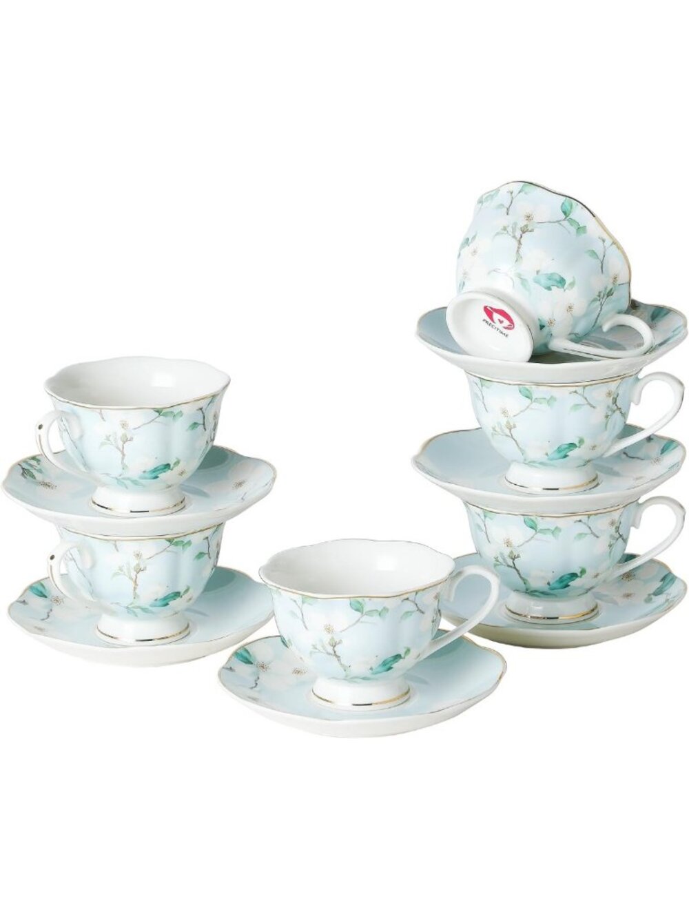 Floral & Gold Porcelain Tea Cup and Saucer Set of 6 - Elegant 6oz Tea Party